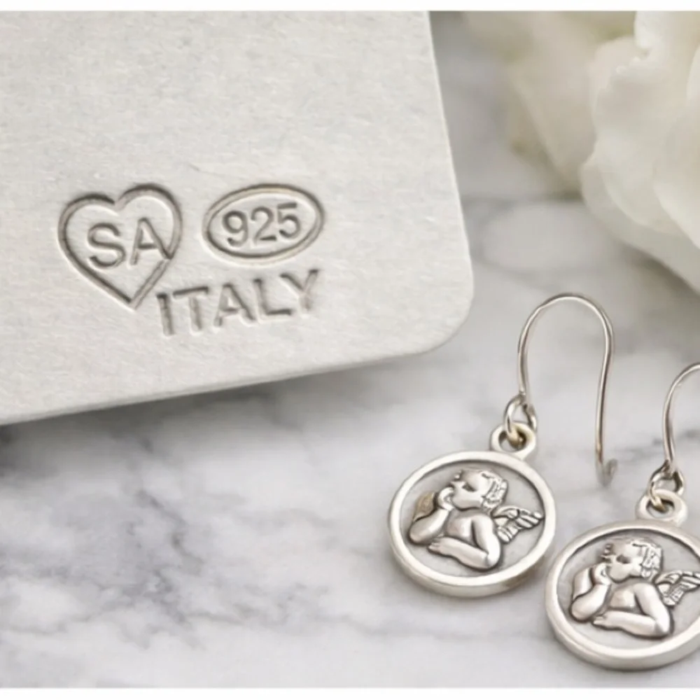 Italian 925 Sterling Silver Raphael Angel Cherub Drop Earrings